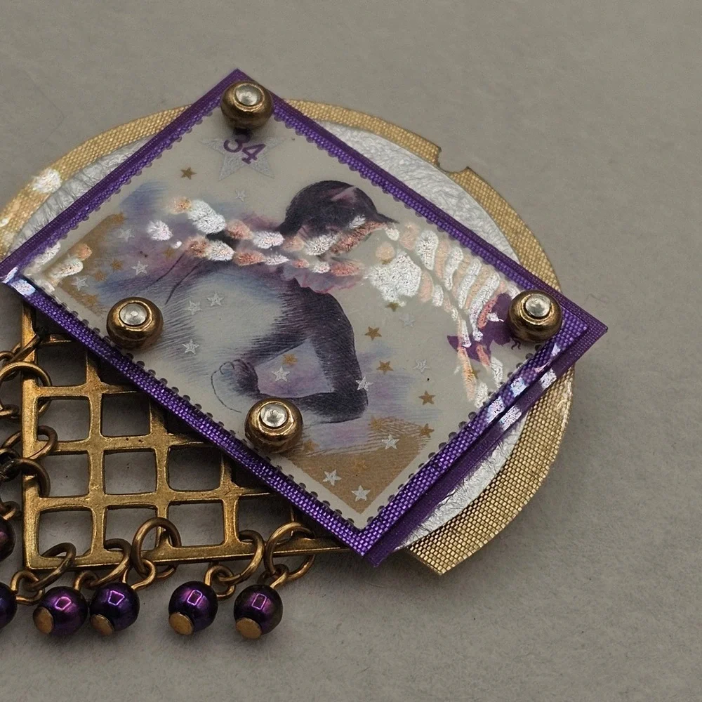 Handmade Brooch Pin Cats Stamp Whimsical Musical Purple Gold Tone Art Wear